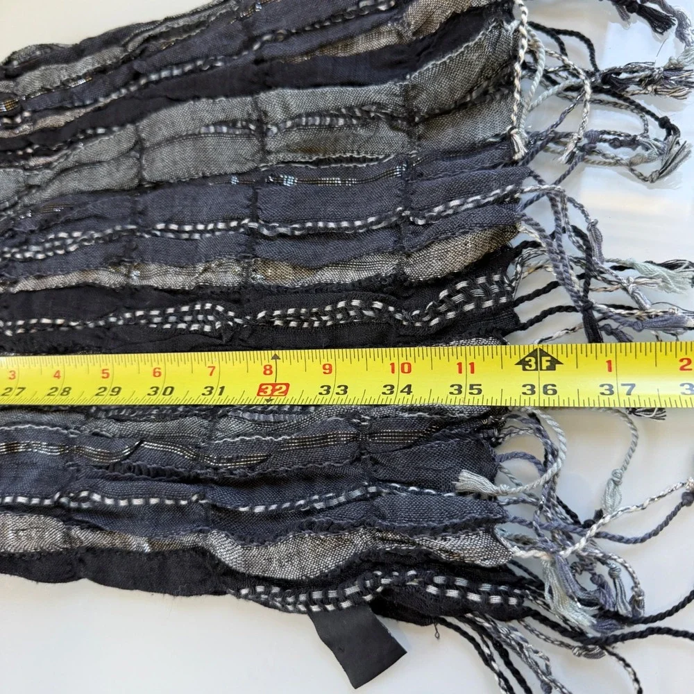 Black Metallic Sparkly Striped Fringe Scarf Whimsygoth Grunge Vintage